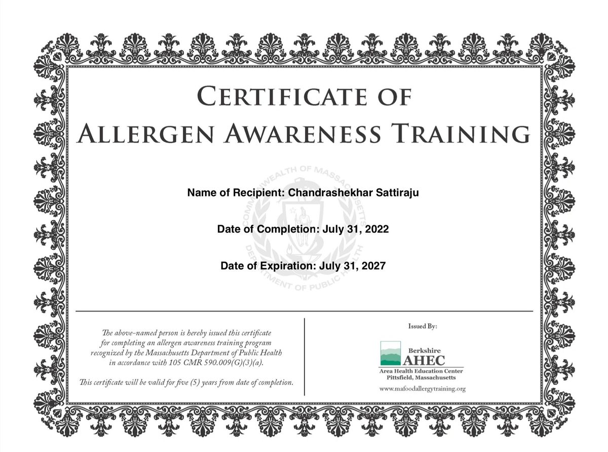 Certificate of Allergen Awareness Training