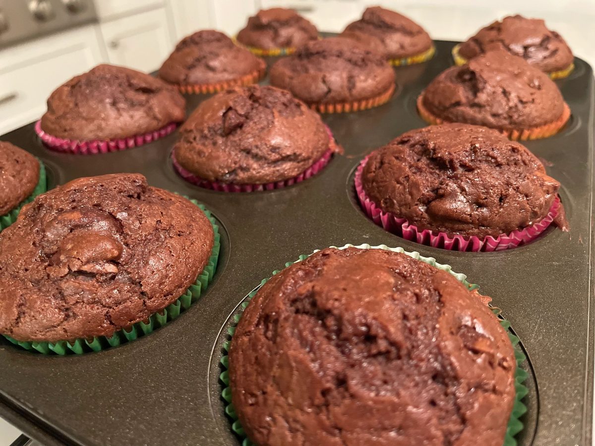 Chocolate muffins fresh from the oven in a muffin tin