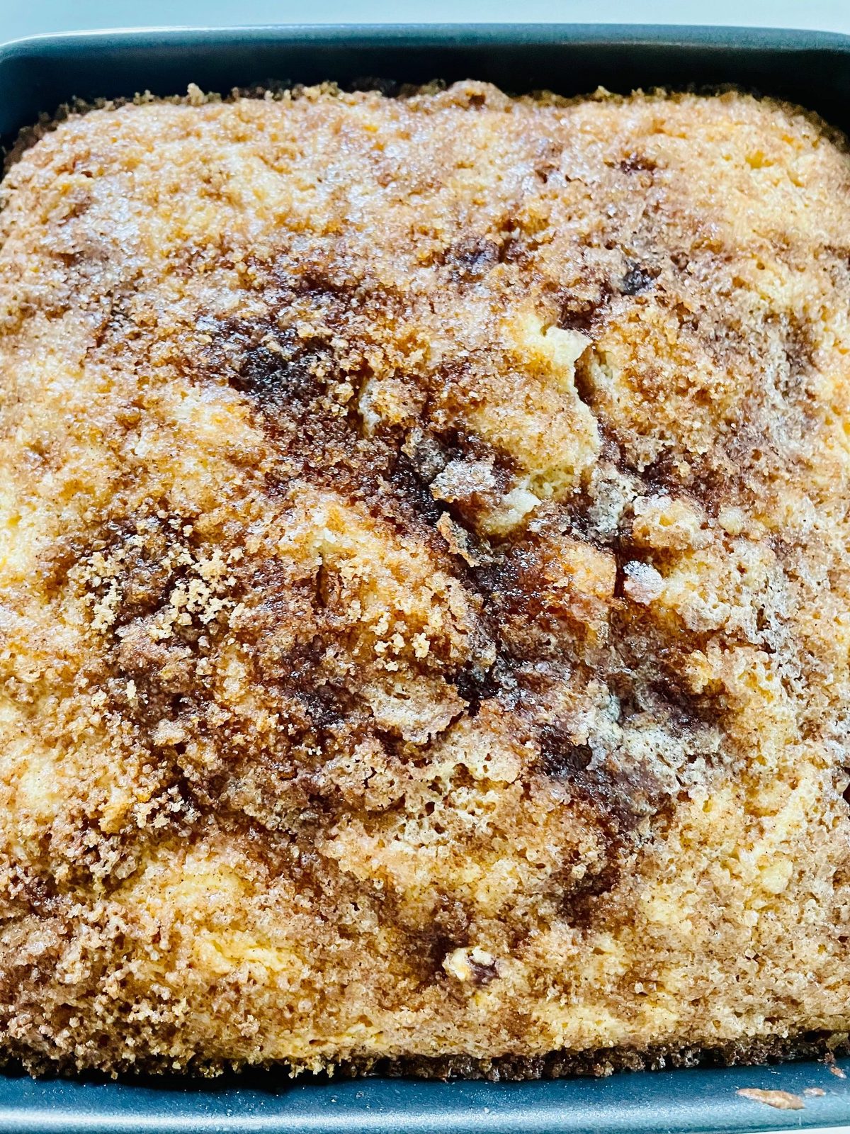Cinnamon strudel coffee cake in the baking dish