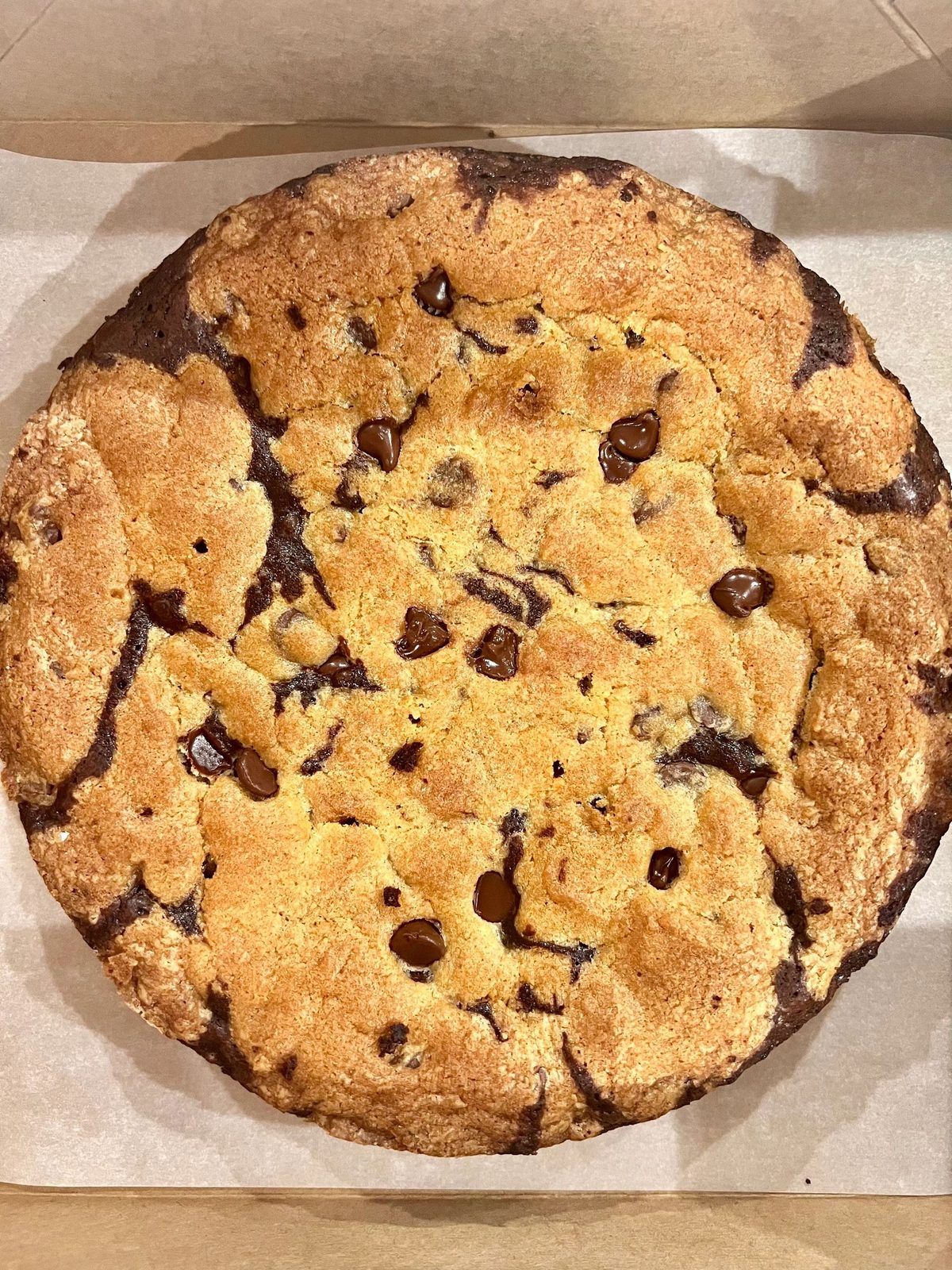 A whole chocolate chip cookie cake